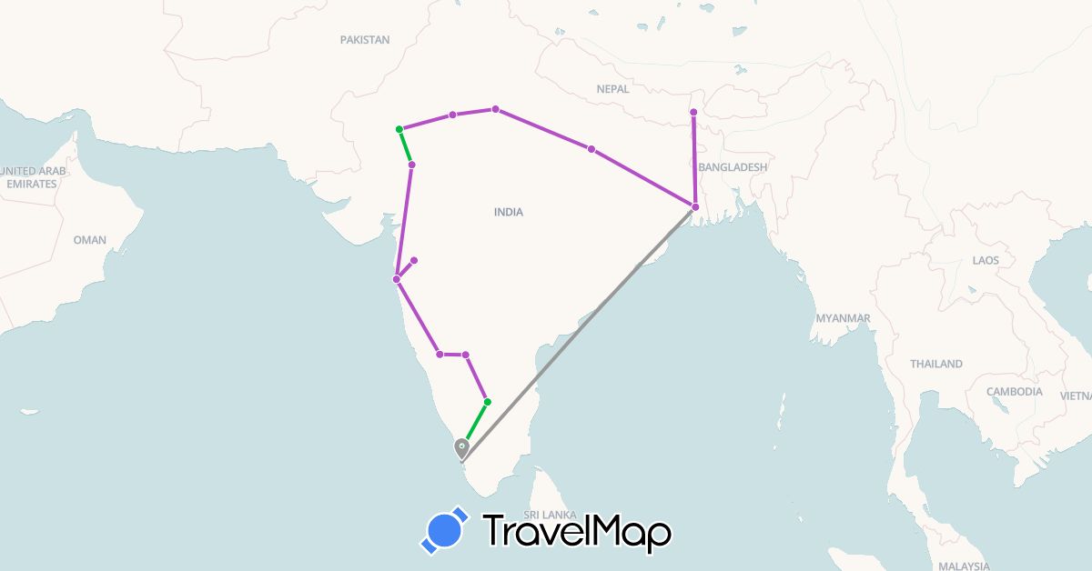 TravelMap itinerary: bus, plane, train in India (Asia)